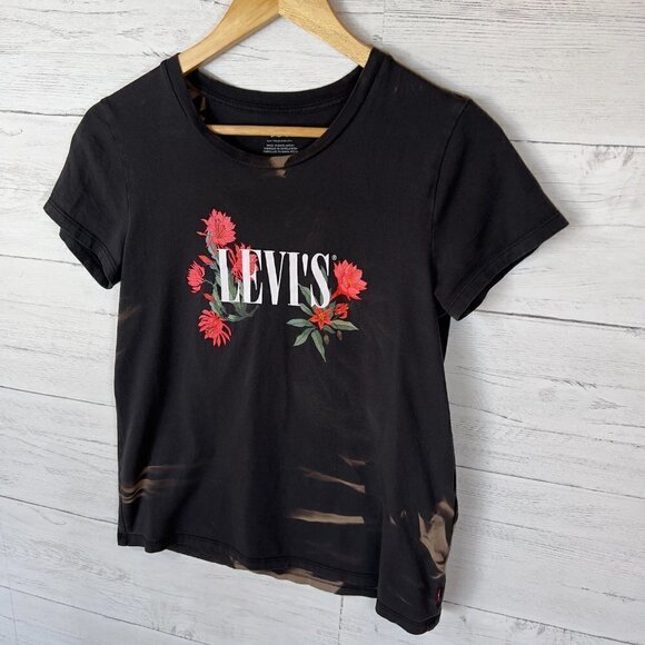 Levis Top SZ XS Black The Perfect Tee Bleached Logo Cactus Flower Short Sleeve - Picture 6 of 14
